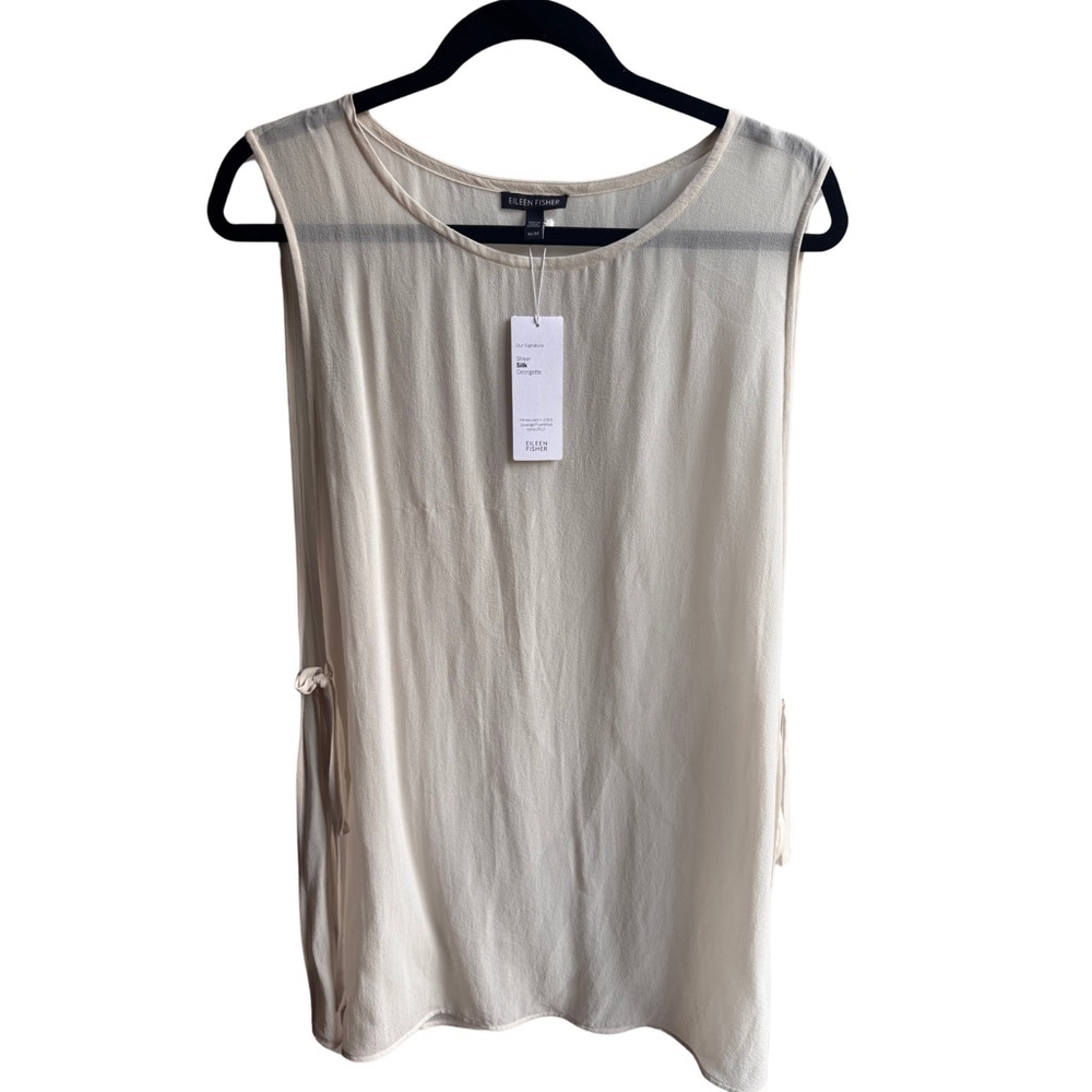 NWT Eileen Fisher Bone Silk Georgette Crepe Long Tunic Top Shell w Ties, Size M